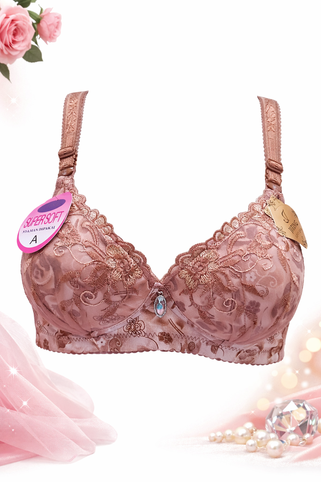 Women’s Embroidered Padded Bra – Super Soft, Full Support, Daily Wear | A Cup | Adjustable Straps